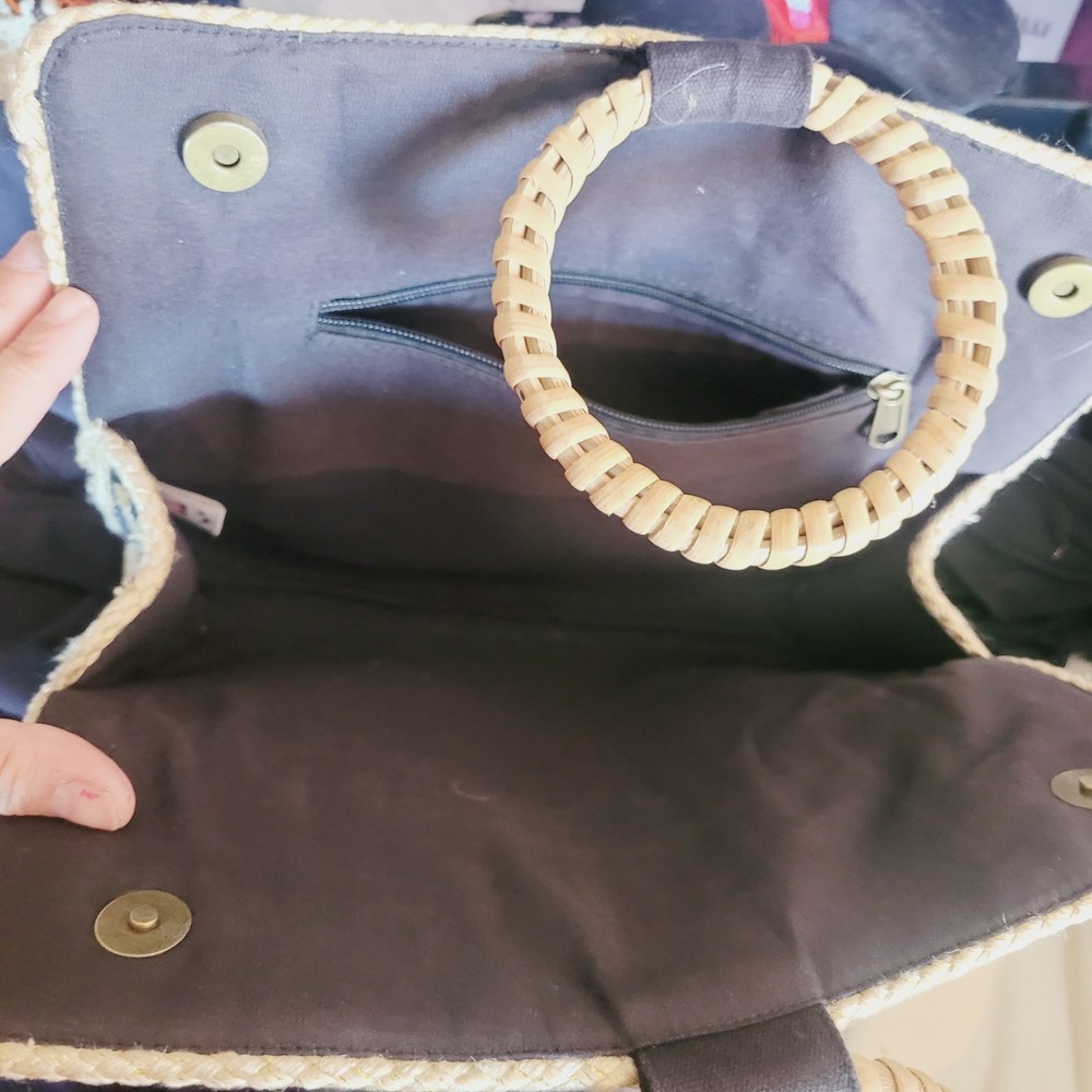 America & Beyond Jute Cotton Striped Tote Bag Rattan Circle Handle‎ Boho Handbag - Picture 5 of 7